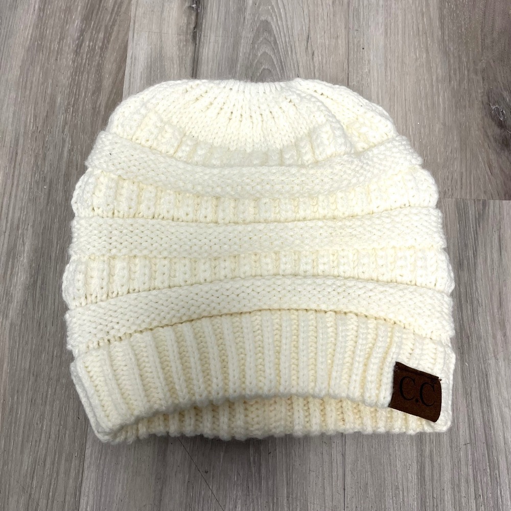 C.C Beanie Hat Women's OS Ivory Cream Cable Knit High Ponytail Messy Bun Winter